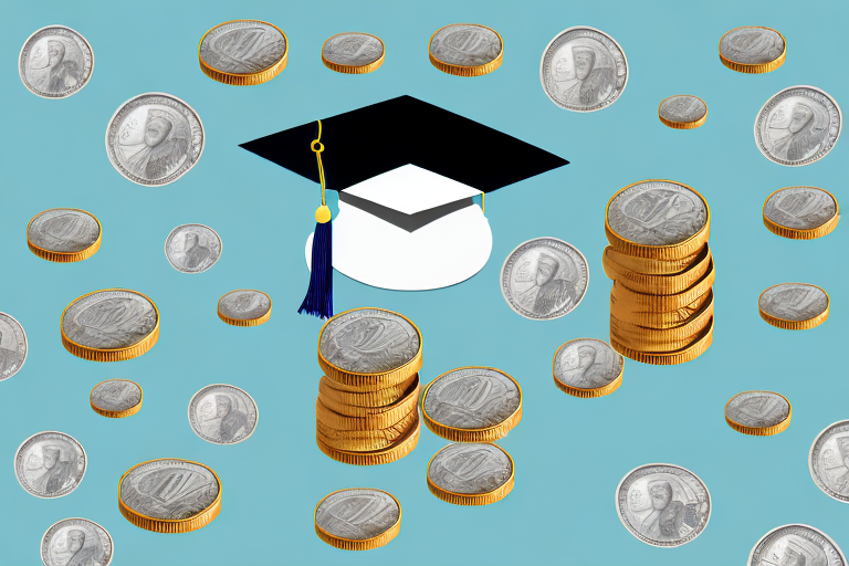 A graduation cap with a diploma and a stack of coins with a dollar sign