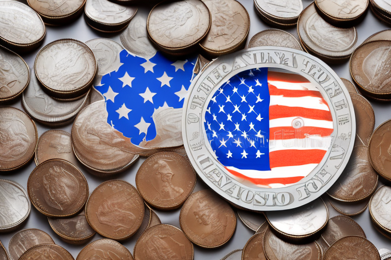 A stack of coins with a us flag in the background