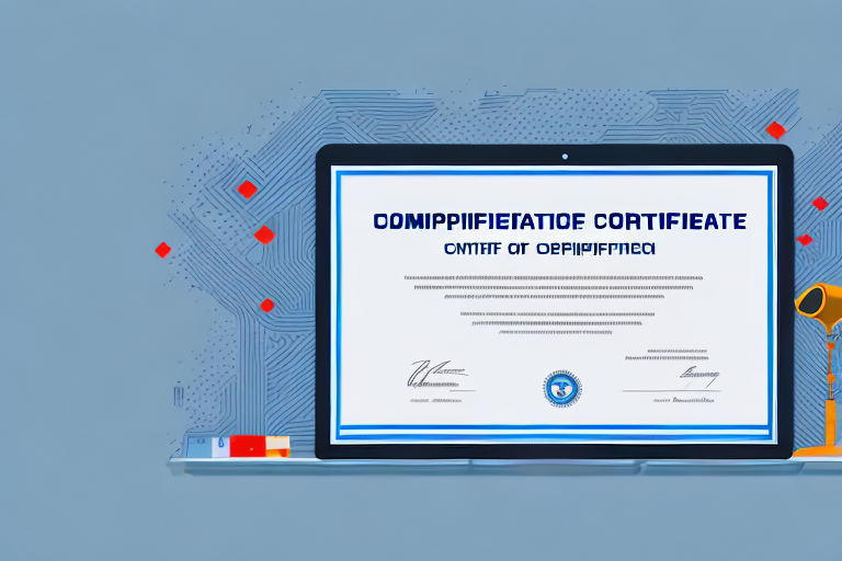 A computer with a diploma certificate in front of it