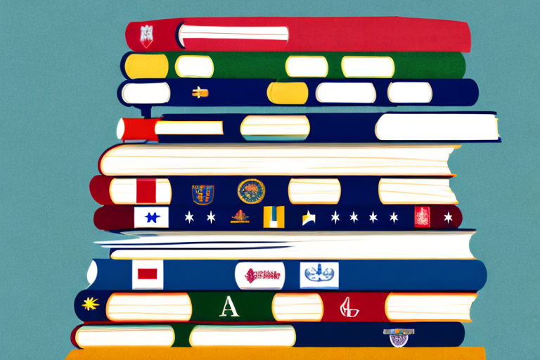 A stack of books with the flags of the top 10 universities in the usa on top