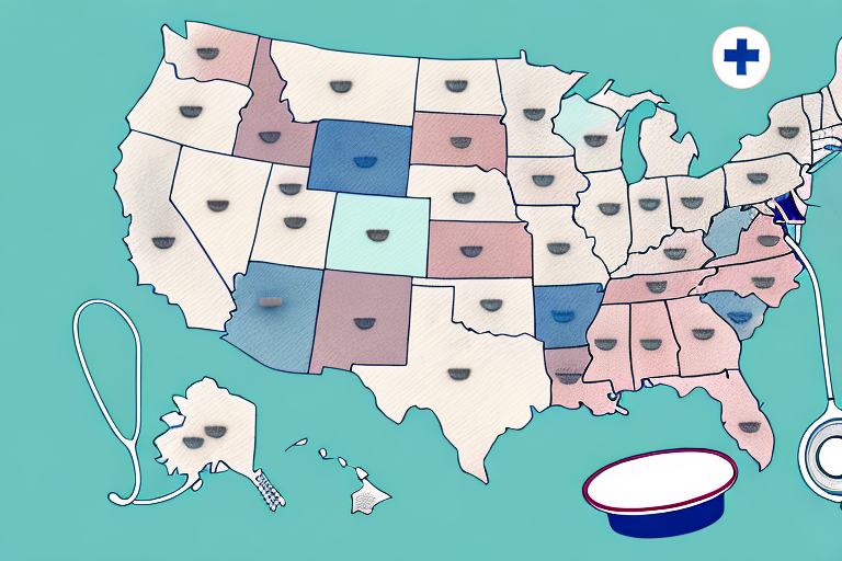 A map of the usa with a nurse's hat and stethoscope in the center