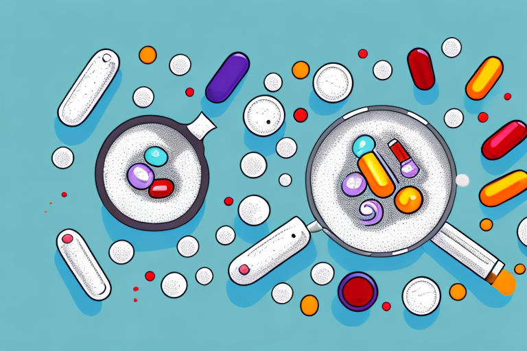 A mortar and pestle with various pills and capsules scattered around it