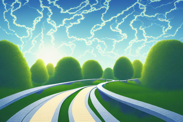 A winding pathway with a sunlit sky in the background