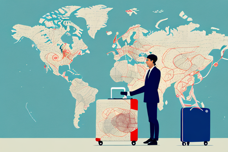 A student standing in front of a map of the usa with a suitcase