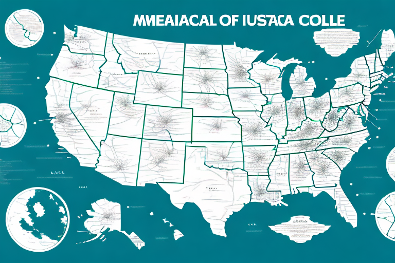 A map of the usa with a few medical colleges marked on it