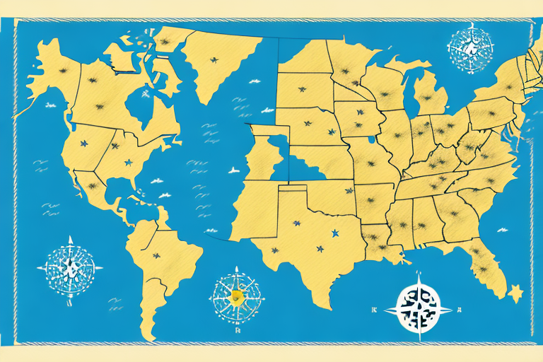 A map of the usa with a bright yellow star to represent the fulbright foreign student program