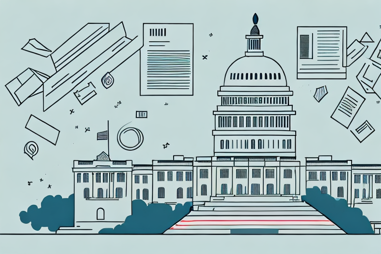 The us capitol building surrounded by a landscape of books and documents