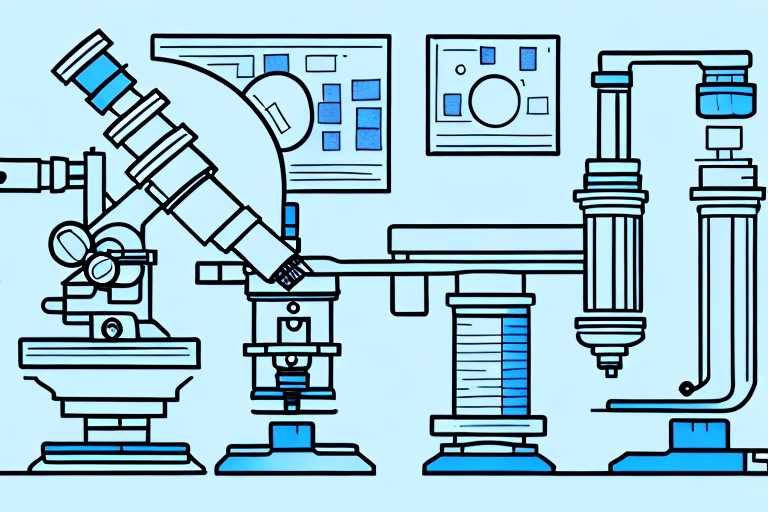 A university building with a microscope and test tubes in the foreground