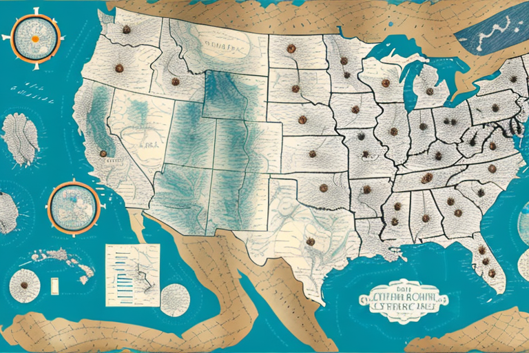 A map of the usa with a few landmarks and a magnifying glass to represent exploration