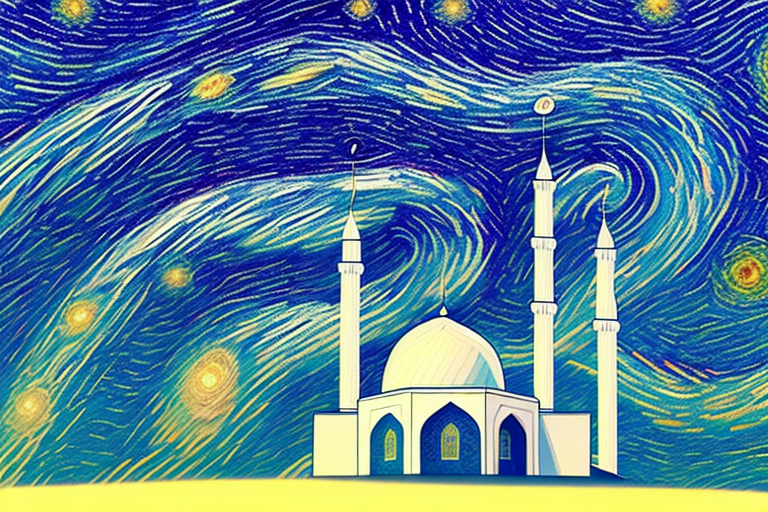 A mosque in the united states with a starry night sky in the background