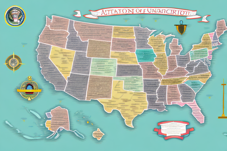A map of the usa with a variety of academic buildings and symbols representing higher education