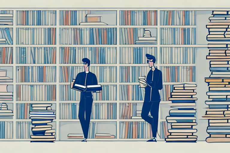 A student studying in a library with books and a laptop