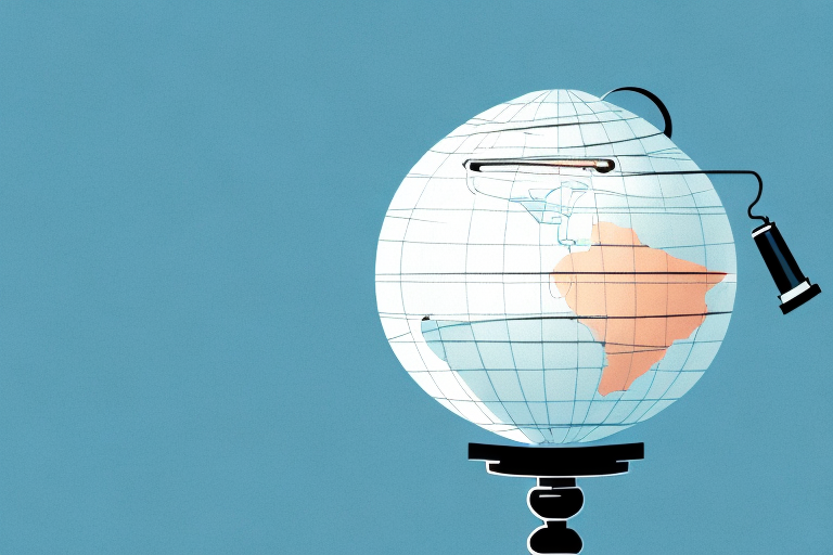 A globe with a magnifying glass hovering above it