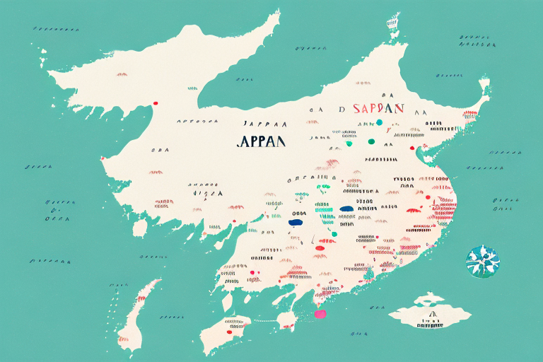 A map of japan and the usa with a dotted line connecting them