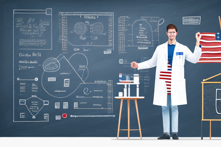 A student in a lab coat standing in front of a chalkboard with a usa flag in the background