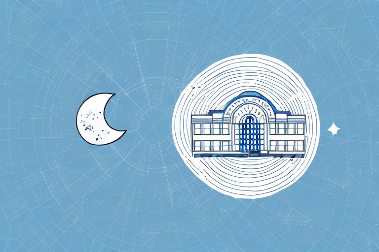 A university building with a crescent moon and star in the sky above