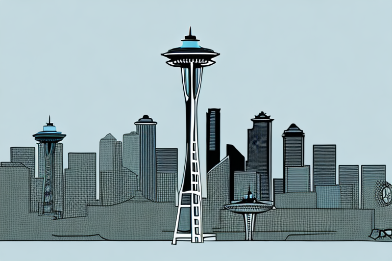 A skyline of seattle with a few iconic landmarks