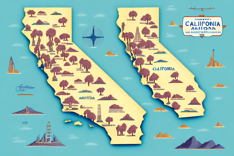 A map of california with landmarks and attractions highlighted