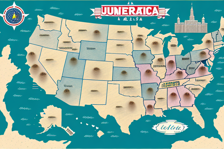 A map of the usa with landmarks and symbols to represent different states and cities