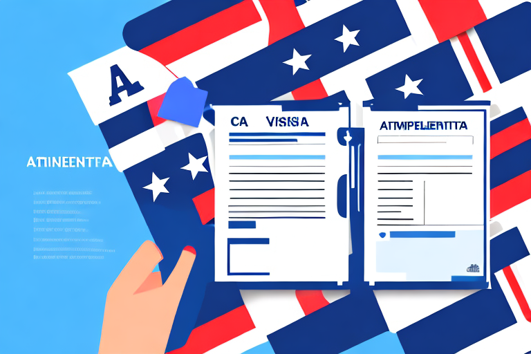 A student visa application form with a checklist of requirements and a us flag in the background