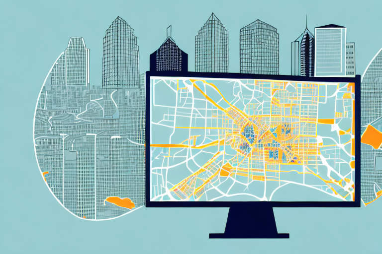 A student looking at a computer screen with a map of austin in the background