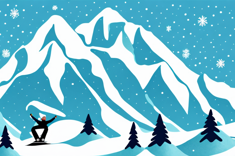 A snow-covered mountain with a snowboarder gliding down the slope