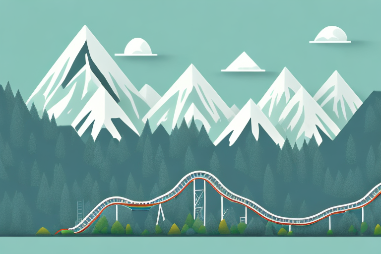 A roller coaster with a landscape of mountains and trees in the background