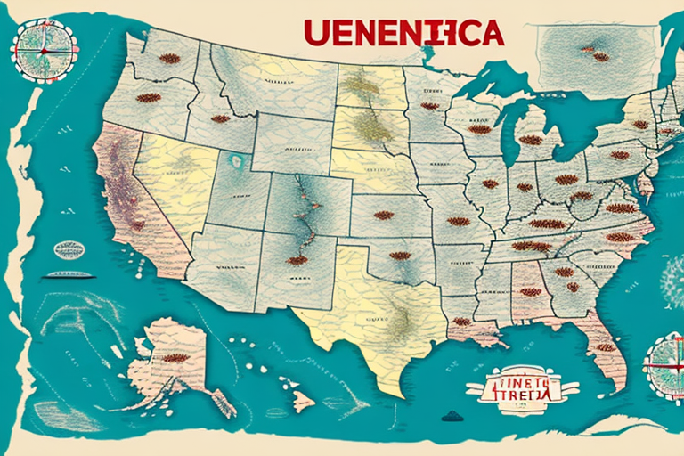 A map of the usa with ten different landmarks highlighted