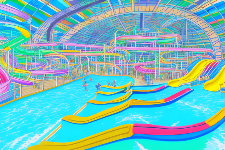 A large indoor water park with colorful slides and pools