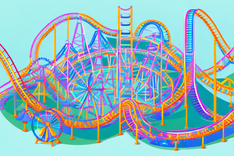 A colorful amusement park with roller coasters